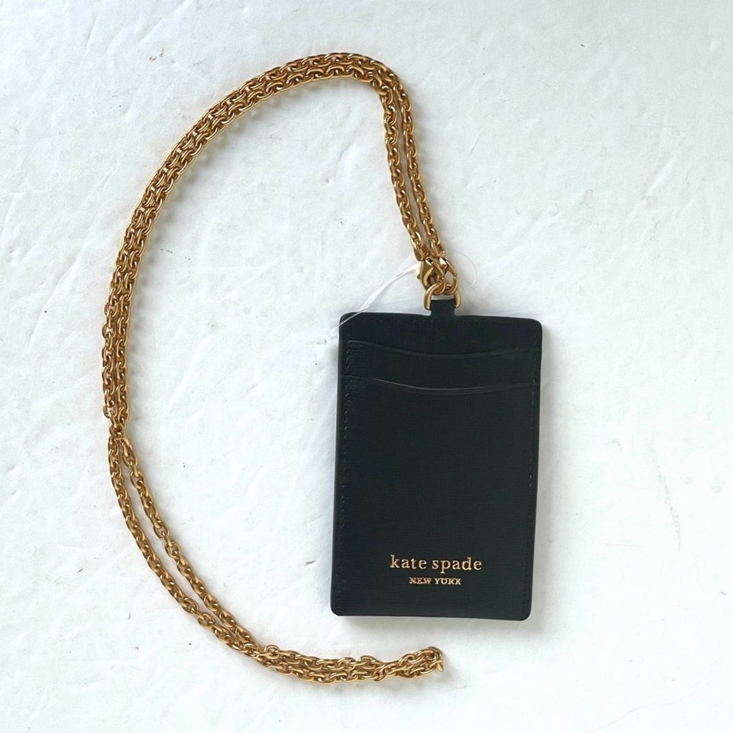 Kate Spade Lanyard ID Card Holder Black Leather Detachable Chain Gold