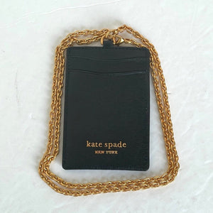 Kate Spade Lanyard ID Card Holder Black Leather Detachable Chain Gold