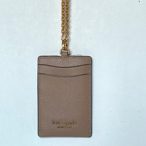 Kate Spade Lanyard ID Card Holder Brown Leather Detachable Chain Gold