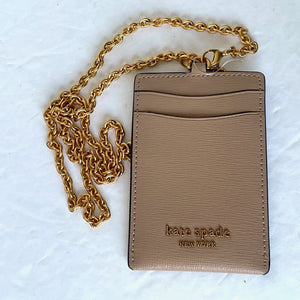 Kate Spade Lanyard ID Card Holder Brown Leather Detachable Chain Gold