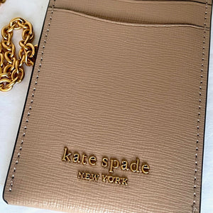 Kate Spade Lanyard ID Card Holder Brown Leather Detachable Chain Gold