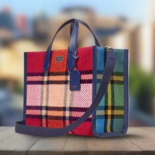 Load image into Gallery viewer, Kate Spade Large Manhattan Grand Plaid Tweed Large Tote Red Blue Shoulder Bag