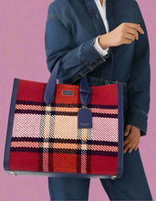 Load image into Gallery viewer, Kate Spade Large Manhattan Grand Plaid Tweed Large Tote Red Blue Shoulder Bag