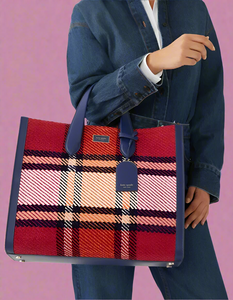 Kate Spade Large Manhattan Grand Plaid Tweed Large Tote Red Blue Shoulder Bag