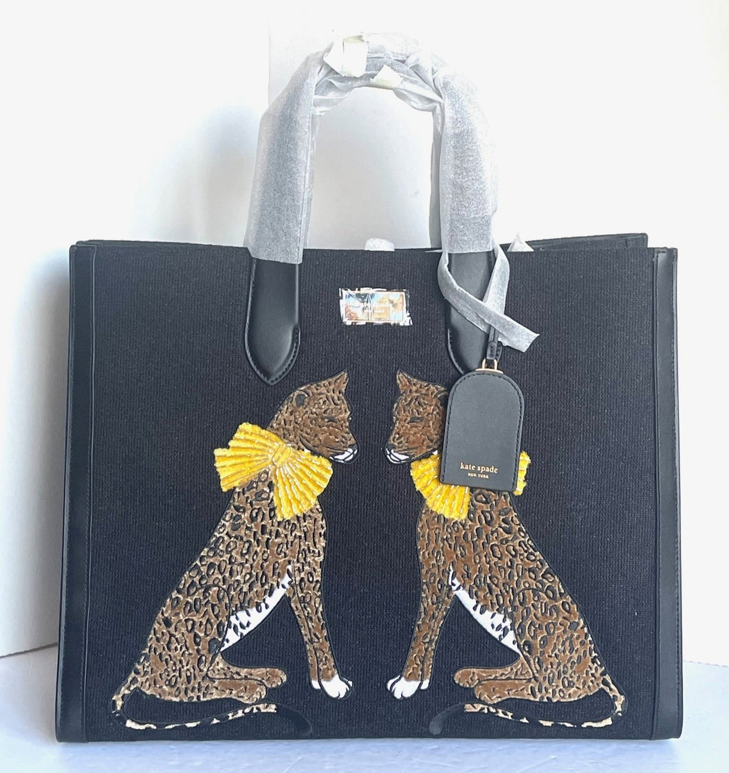 Kate Spade Large Manhattan Lady Leopard Tote Black Embellished Shoulder Bag