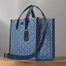 Load image into Gallery viewer, Kate Spade Large Manhattan Tote Bag Blue Flower Jacquard Denim Shoulder Strap