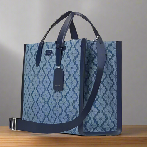 Kate Spade Large Manhattan Tote Bag Blue Flower Jacquard Denim Shoulder Strap