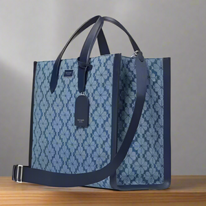 Kate Spade Large Manhattan Tote Bag Blue Flower Jacquard Denim Shoulder Strap