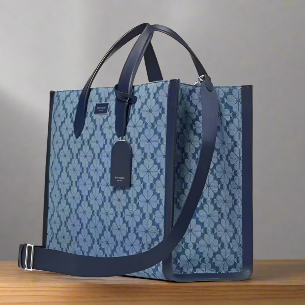 Kate Spade Large Manhattan Tote Bag Blue Flower Jacquard Denim Shoulder Strap