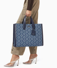 Load image into Gallery viewer, Kate Spade Large Manhattan Tote Bag Blue Flower Jacquard Denim Shoulder Strap