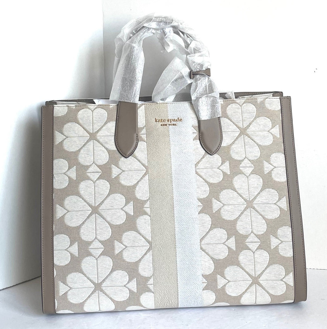 Kate Spade Large Manhattan Tote Beige Flower Jacquard Leather Shoulder Bag