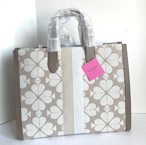 Kate Spade Large Manhattan Tote Beige Flower Jacquard Leather Shoulder Bag