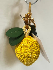 Kate Spade Lemon Drop Bag Charm Keychain Yellow Leather Crochet Beaded Rattan