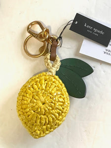 Kate Spade Lemon Drop Keychain Bag Charm Leather Beaded Crochet Yellow Rattan