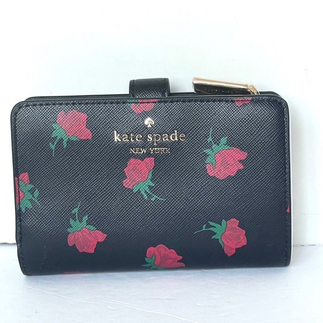 Kate Spade Madison Rose Toss Medium Compact Bifold Wallet Women Black