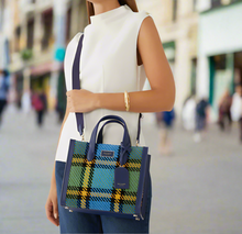 Load image into Gallery viewer, Kate Spade Manhattan Grand Plaid Tweed Small Tote Blue Shoulder Bag ORGPKG