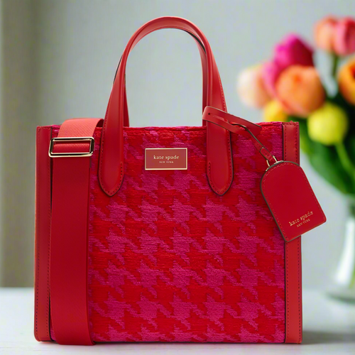 Kate Spade Manhattan Houndstooth Chenille Small Tote Red Shoulder Bag ORGPKG