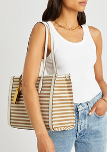 Kate Spade Market Stripe Medium Tote Beige Stripe Canvas Zip Shoulder Bag