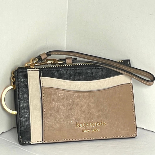 Kate Spade Morgan Card Case Wristlet Brown Black Colorblocked Keyring