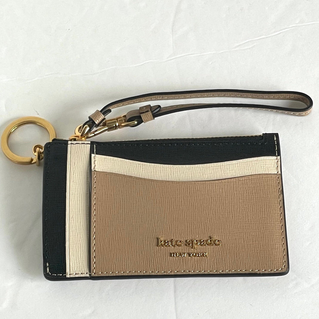 Kate Spade Morgan Card Case Wristlet Brown Black Colorblocked Keyring