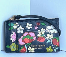 Load image into Gallery viewer, Kate Spade Morgan Card Case Wristlet Flower Bed Embossed Blue Leather Wallet