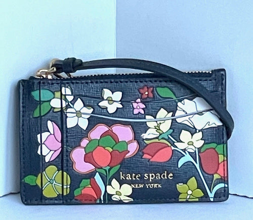 Kate Spade Morgan Card Case Wristlet Flower Bed Embossed Blue Leather Wallet