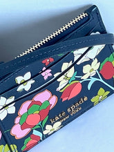 Load image into Gallery viewer, Kate Spade Morgan Card Case Wristlet Flower Bed Embossed Blue Leather Wallet