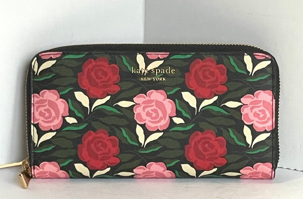 Kate Spade Morgan Large Wallet Womens Rose Garden Continental Zip Floral Black