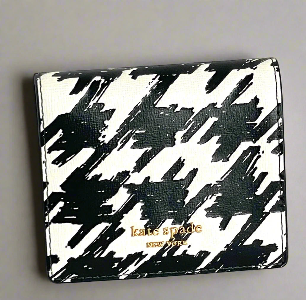 国内 Kate Spade Morgan Painterly Houndstooth 二折財布 KD194 Kate Spade Morgan Houndstooth Compact Wallet Black Leather