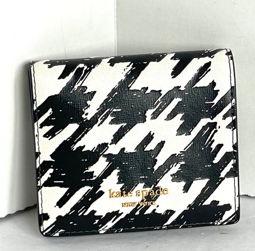 Kate Spade Morgan Small Bifold Wallet Painterly Houndstooth Black Leather Compact
