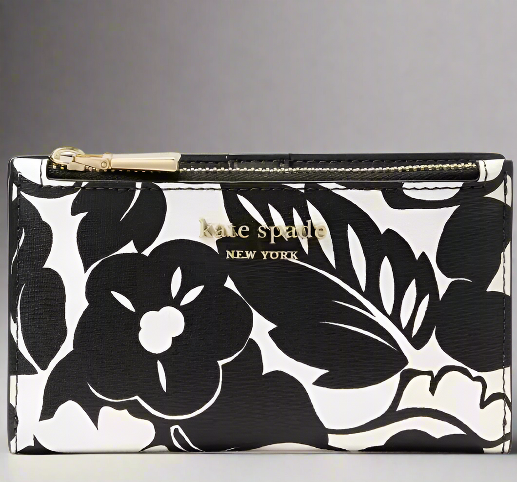 Kate Spade Morgan Tropical Foliage Small Slim Bifold Wallet Black White