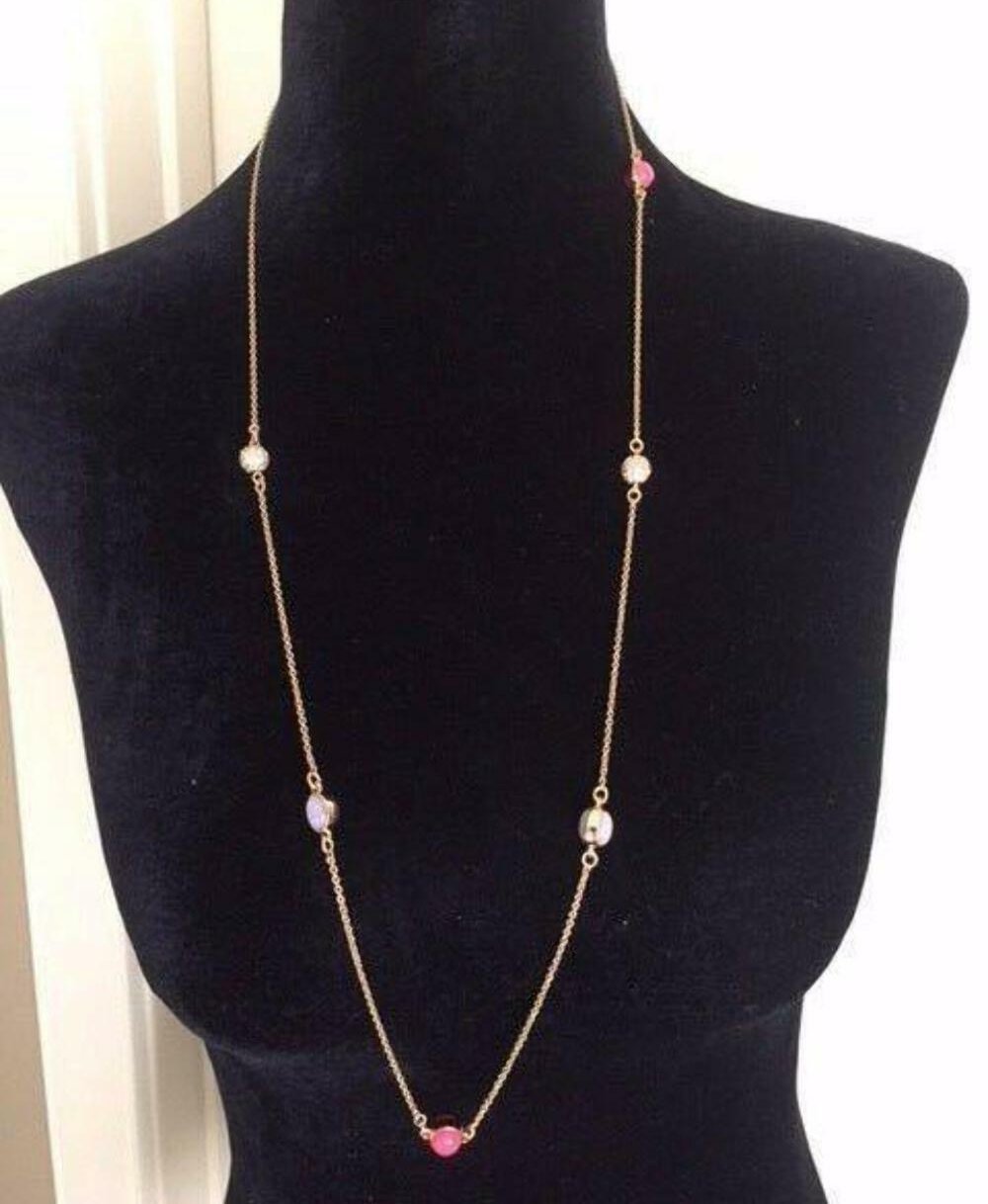 Kate Spade Necklace Womens Gold-Plated Long Blossom Scatter Pink Stone Crystal