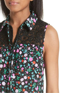 Kate Spade Womens Sleeveless Button Up Peplum Cotton Silk Lace Top, Large