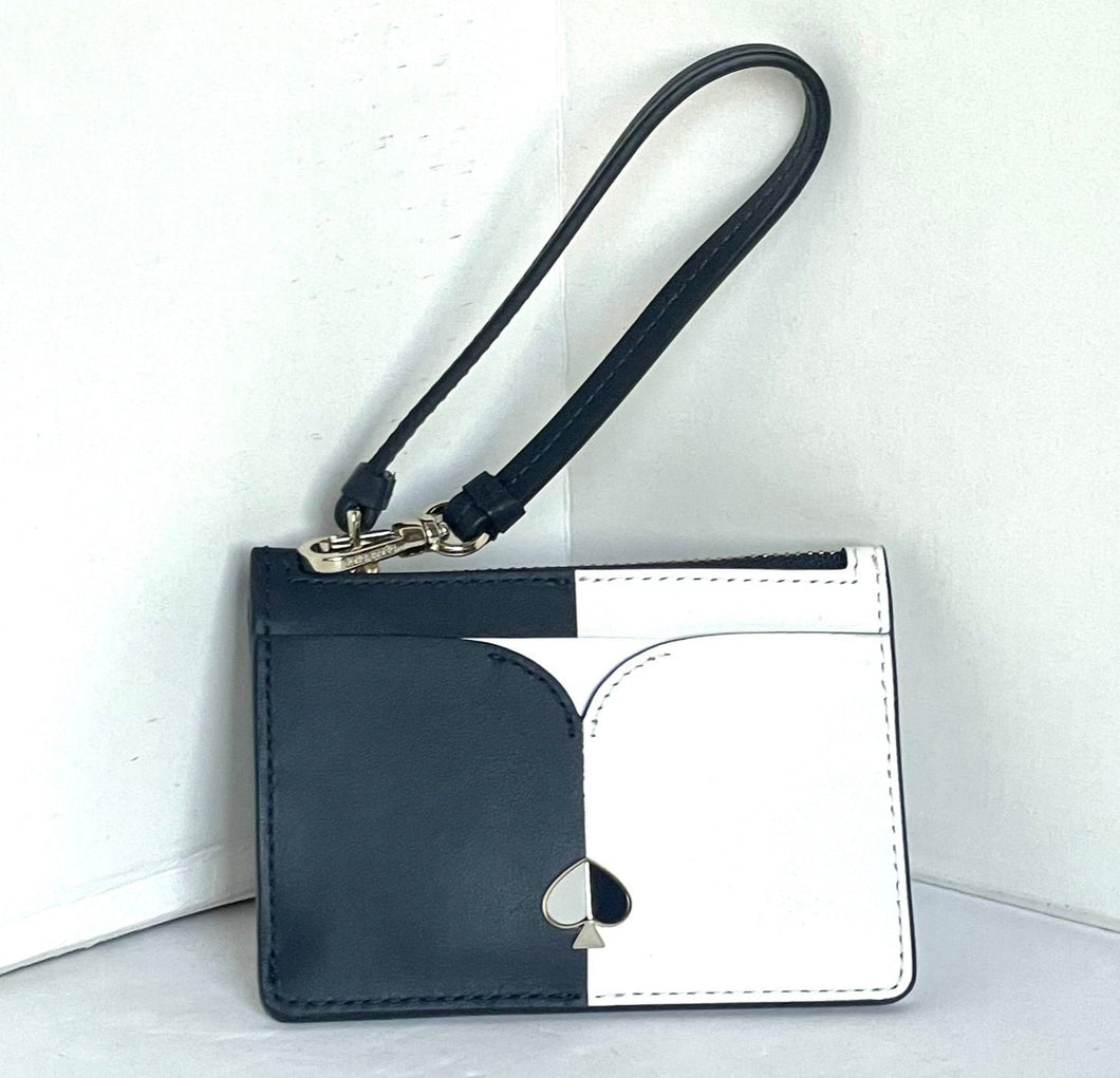 Kate Spade Nicola Card Holder Wristlet Black White Leather Zip Wallet