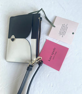 Kate Spade Nicola Card Holder Wristlet Black White Leather Zip Wallet