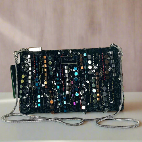 Kate Spade Nova Fringe Embellished Clutch Crossbody Black Chain Strap Rare