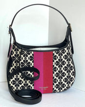 Load image into Gallery viewer, Kate Spade Penny Flower Jacquard Shoulder Bag Stripe Small Black Hobo Leather
