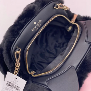 Kate Spade Pitch Purrfect Cat Crossbody Black Faux Fur Leather Chain Shoulder Bag