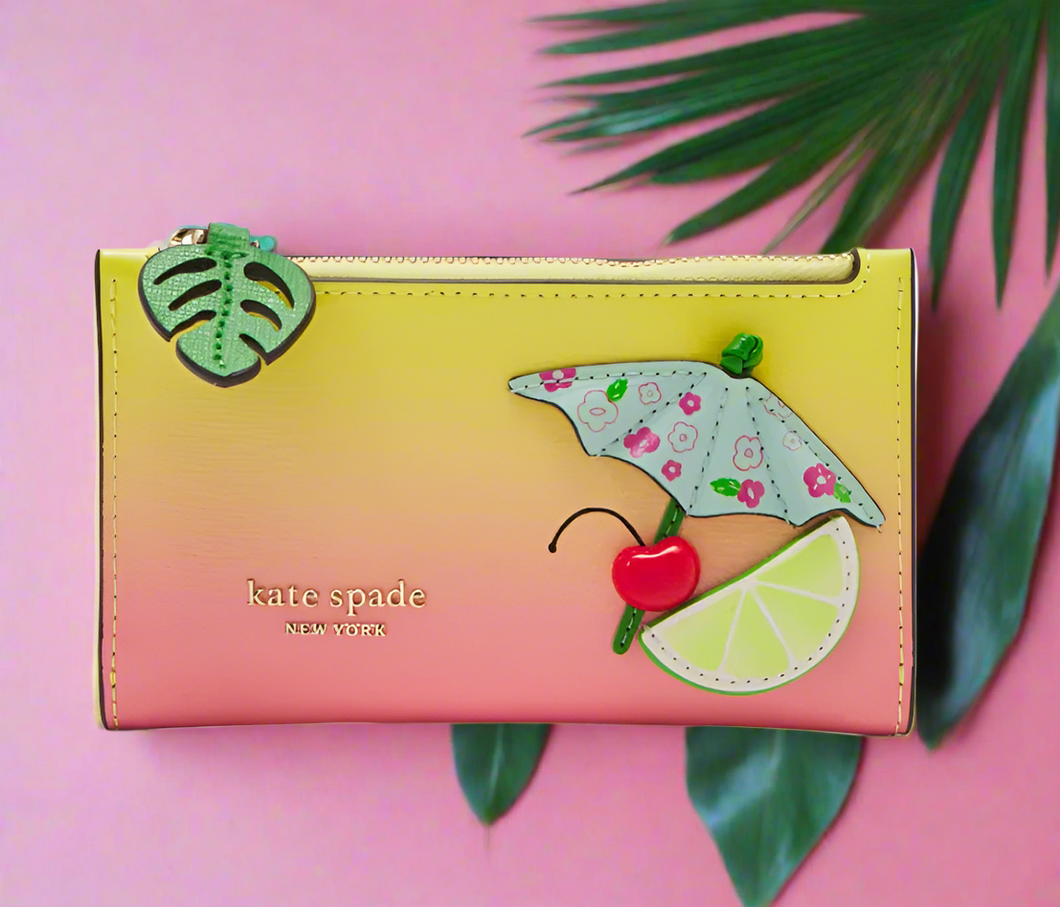 Kate Spade Playa Ombre Small Slim Bifold Wallet Pink Leather ID Tropical