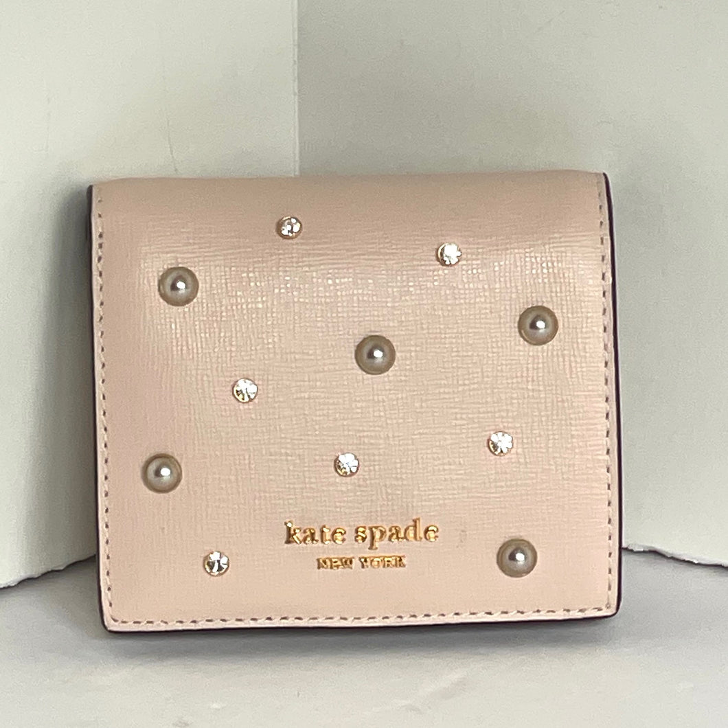 Kate Spade Purl Embellished Small Bifold Wallet Ivory Leather Pearl Snap Saffiano