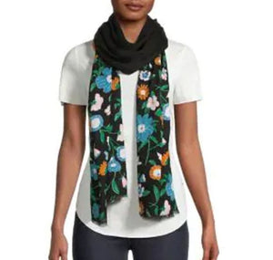 Kate Spade Scarf Womens Black Oblong Floral Butterfly Twill Lightweight Pink Blue