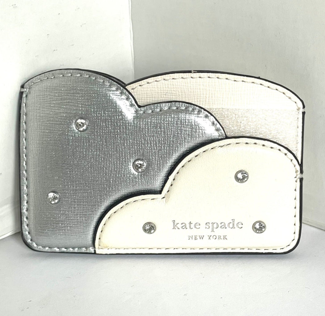 Kate Spade Shade Cloud Card Holder Womens Silver Metallic Leather Crystals Small