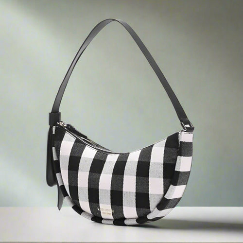 Kate Spade Shoulder Bag Womens Black Smile Small Gingham Leather Zip Bag