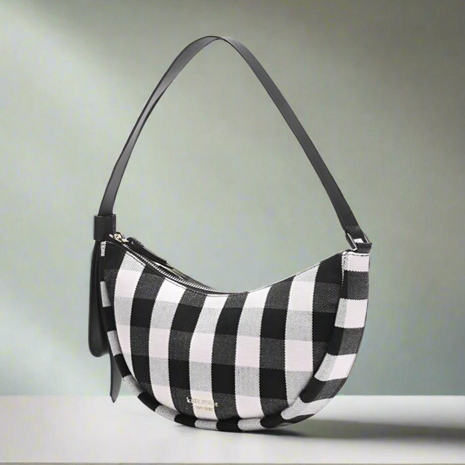 Kate Spade Shoulder Bag Womens Black Smile Small Gingham Leather Zip Bag
