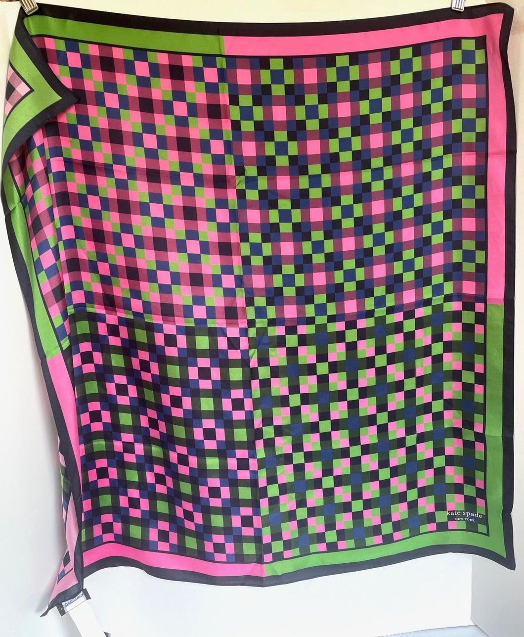 Kate Spade Silk Square Scarf Modern Check 30x30 Green Lightweight Spring