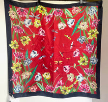 Load image into Gallery viewer, Kate Spade Silk Square Scarf Tulip and Dragonflies Red 30x30 Lightweight Spring