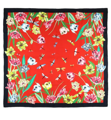 Kate Spade Silk Square Scarf Tulip and Dragonflies Red 30x30 Lightweight Spring