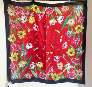 Kate Spade Silk Square Scarf Tulip and Dragonflies Red 30x30 Lightweight Spring