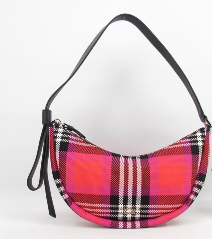 Kate Spade Smile Shoulder Bag Red Plaid Check Small Leather Zip Top