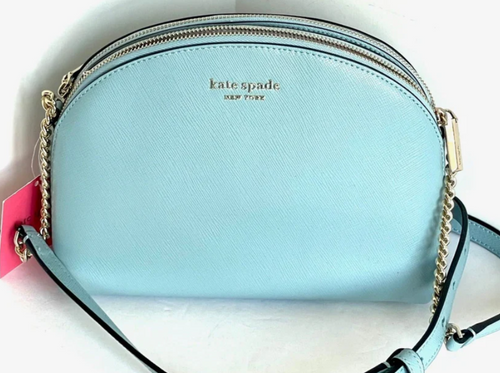 Kate Spade Spencer Double Zip Dome Crossbody Small Teacup Blue Leather